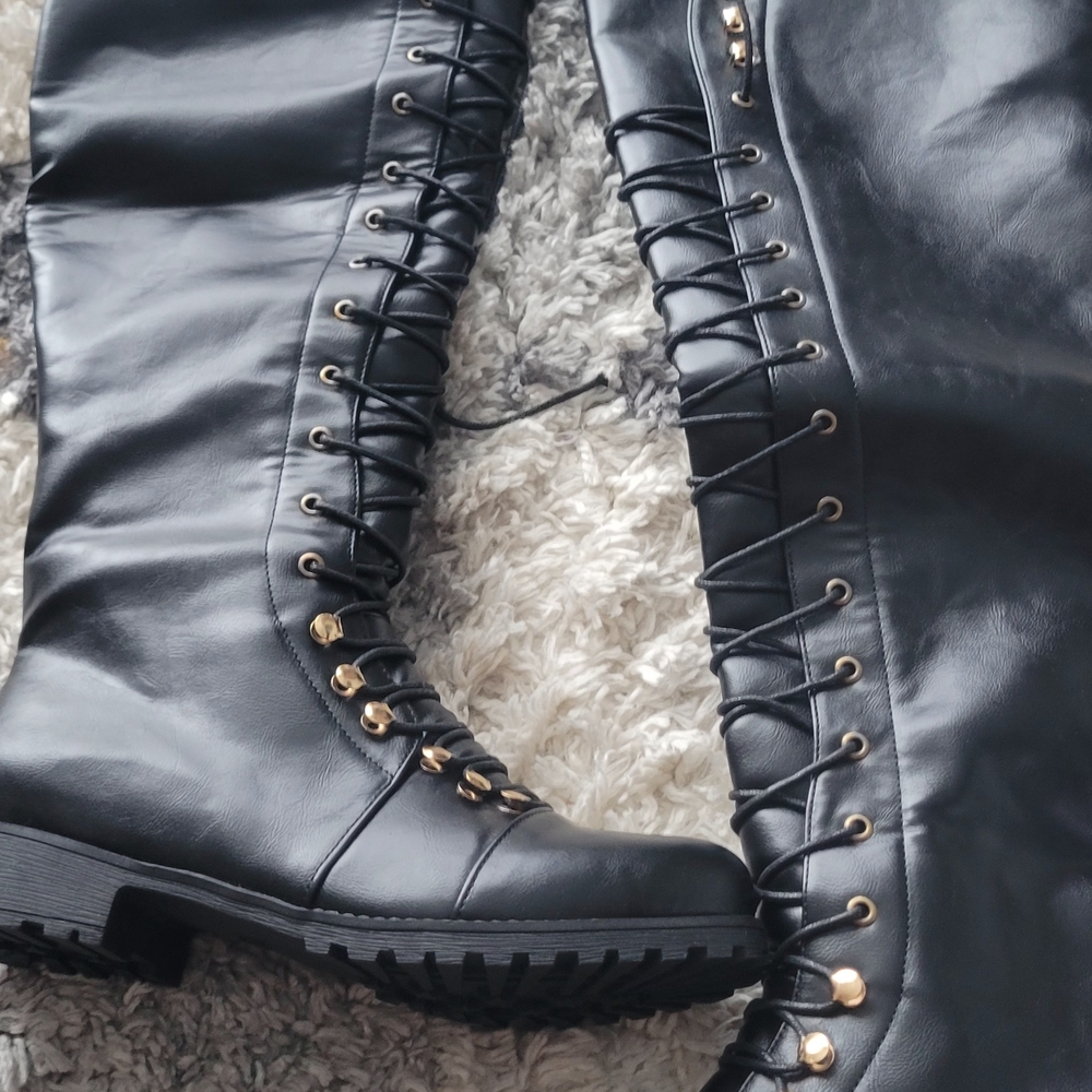 Black Lace-Up Knee-High Boots